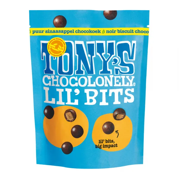 Tony’s Chocolenely lil’bits puur chocokoek sinaasappel zak (8x 120gr)