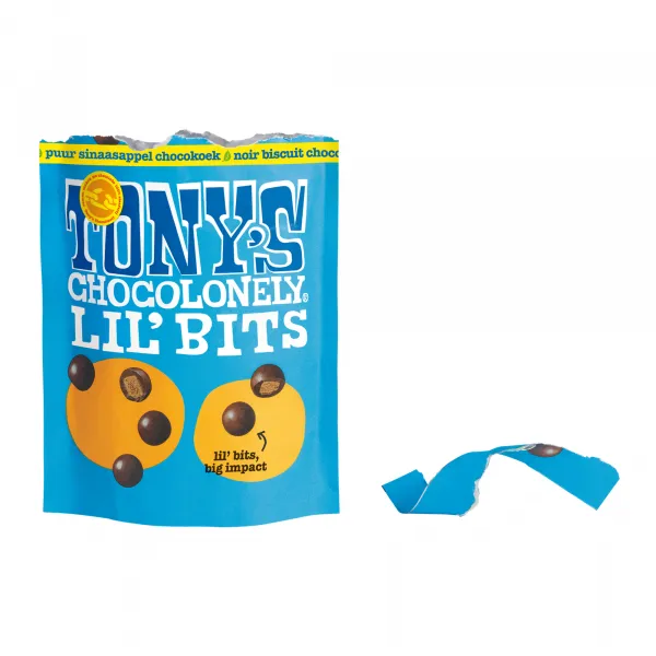 Tony’s Chocolenely lil’bits puur chocokoek sinaasappel zak (8x 120gr)